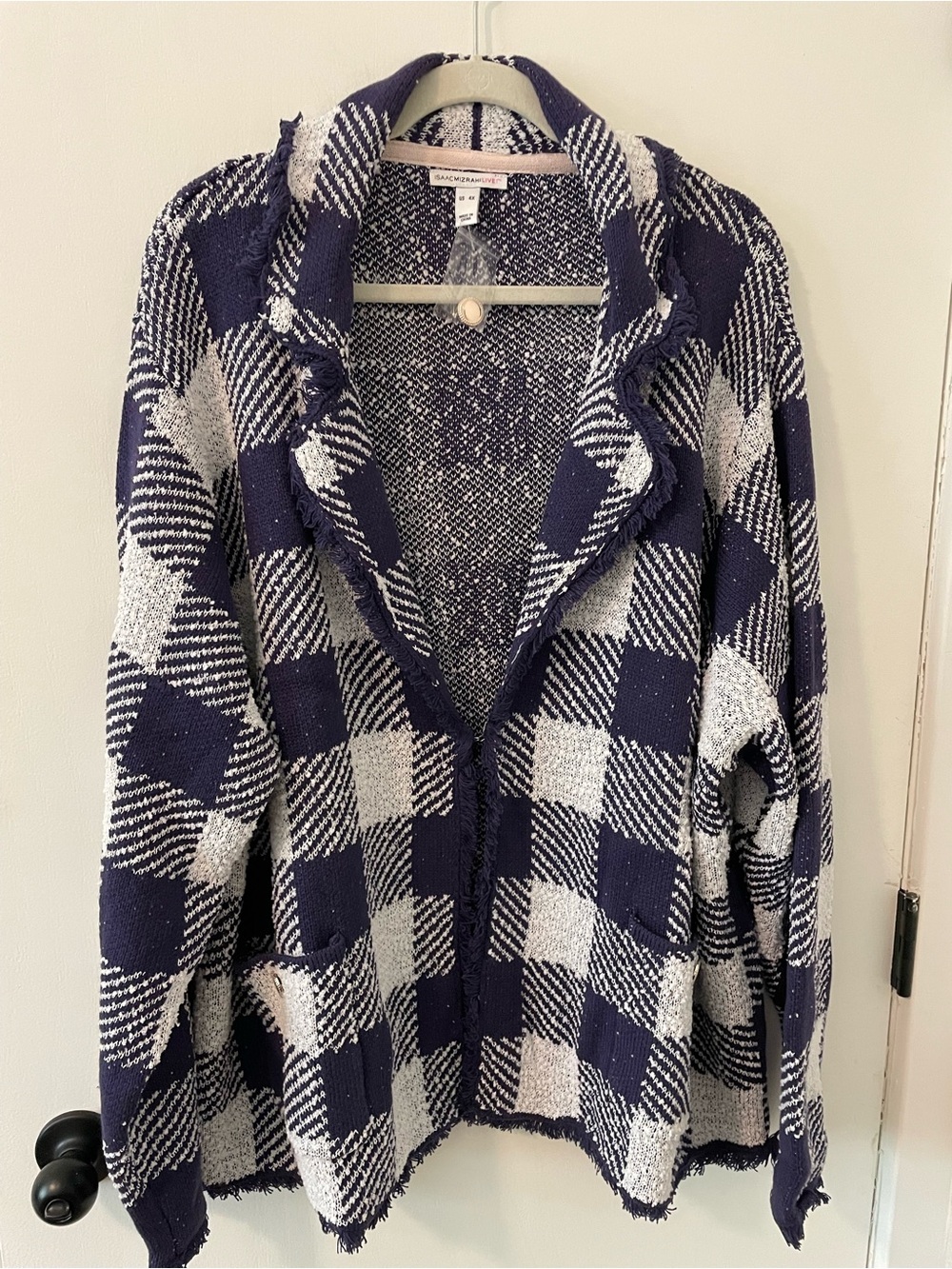Isaac Mizrahi Live! Women’s 4X  Navy Gingham Sweater Cardigan Patch Pockets 0110